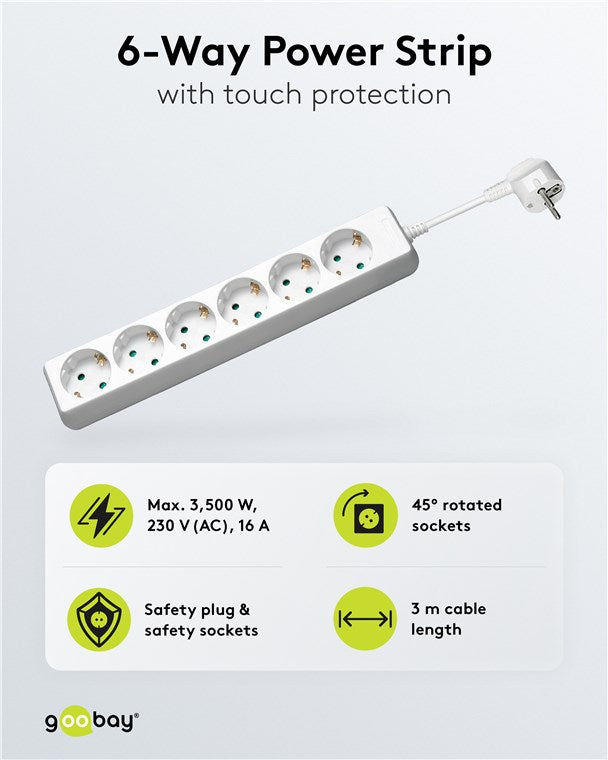6 yollu uzatma kablosu, 3 m, beyaz