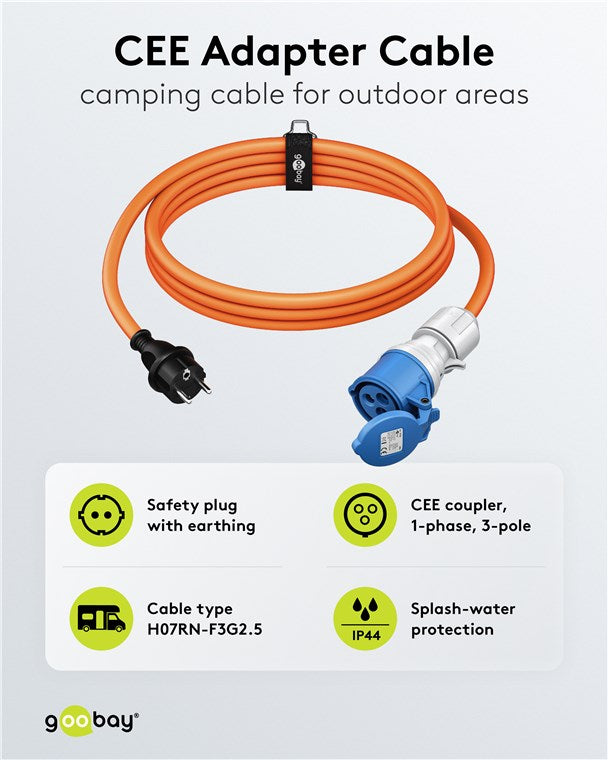 CEE-Adapterleitung, Schutzkontakt-Stecker auf CEE-Kupplung, 5 m