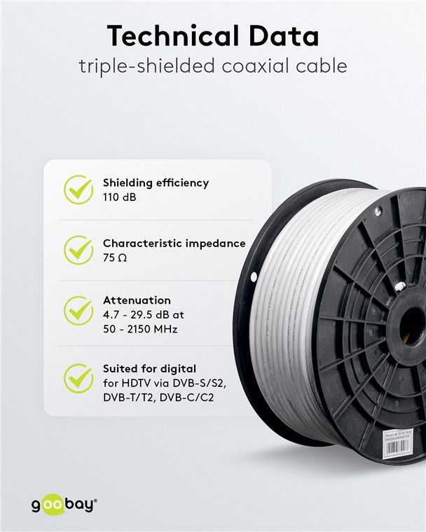110 dB SAT coaxial cable, 3x shielded, Cu inner conductor