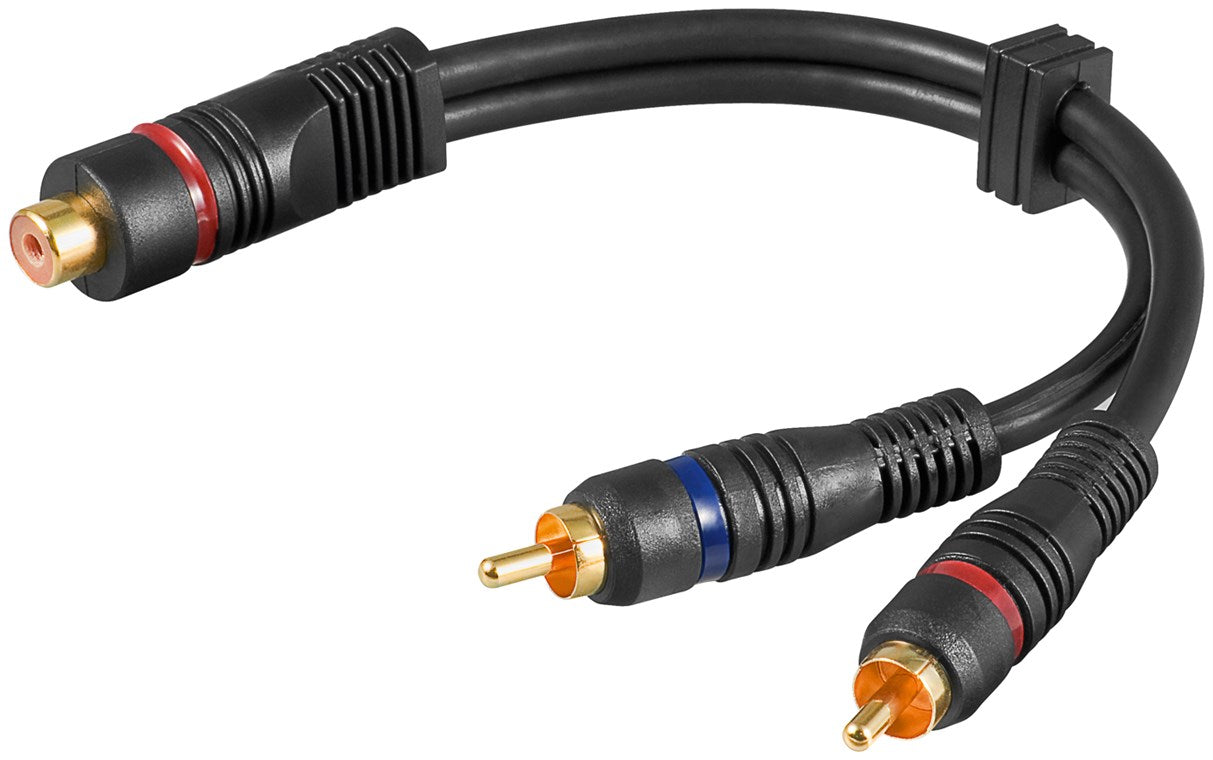 Audio Y-cable adapter, 2x RCA plug to 1x stereo RCA socket, OFC, double shielded