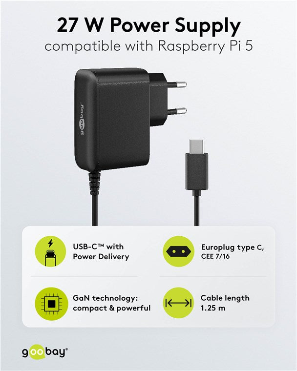 Netzteil für Raspberry Pi 5, 27 W, GaN, schwarz
