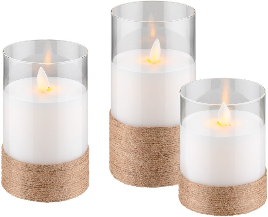 Set of 3 LED real wax candles in glass, white