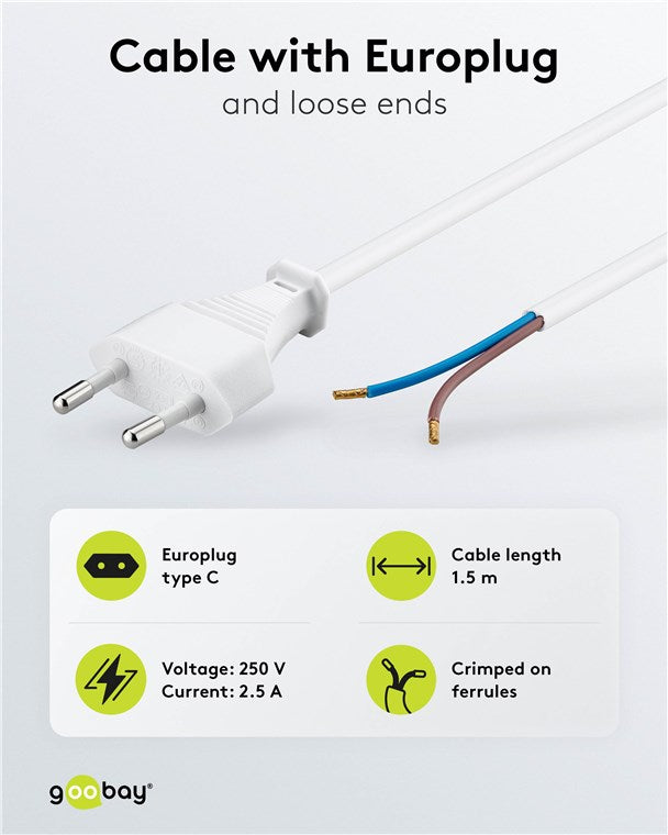 Kabel mit Eurostecker zum Konfektionieren, 1,5 m, Weiß, (2*0,75 mm²)