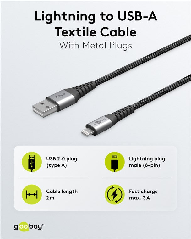 Lightning USB-A textile cable with metal connectors, 0.5 m