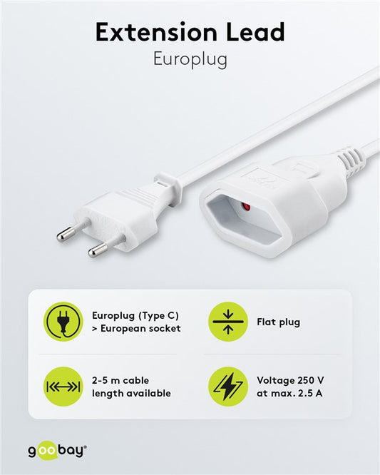 Verlängerungskabel Eurostecker, 5 m, weiß, (2*0,75 mm²)