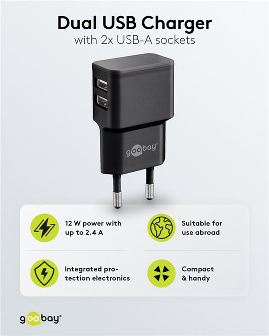 USB-A ikili şarj cihazı (12 W) siyah