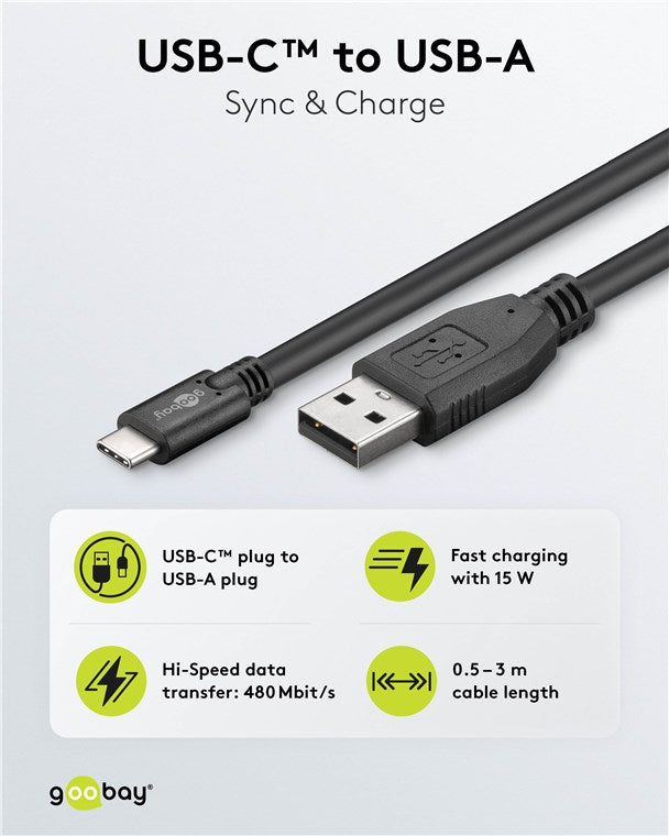 USB-C™-auf-USB-A-Kabel, 0,5 m, schwarz