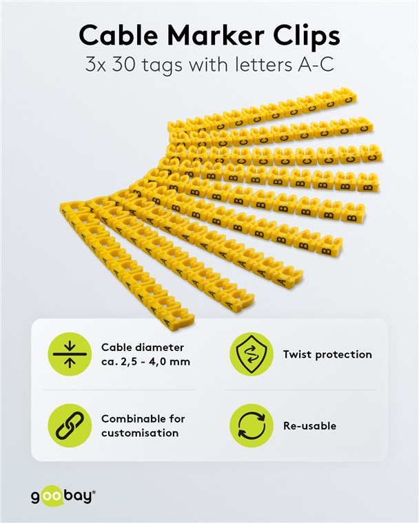 Kablo işaretleme klipsleri "AC harfleri", 3,8 - 5,9 mm kablo çapları için