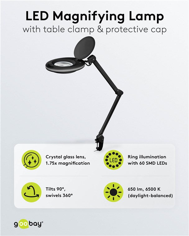 LED clamp magnifying lamp, 8 W, black