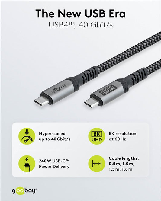 USB-C™-Kabel, USB4™, 0,5 m, schwarz;grau