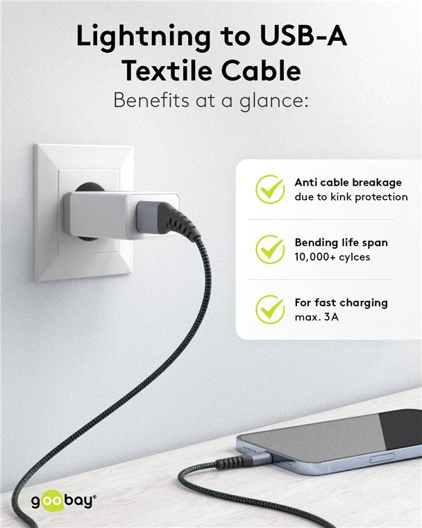 Lightning USB-A textile cable with metal connectors, 0.5 m