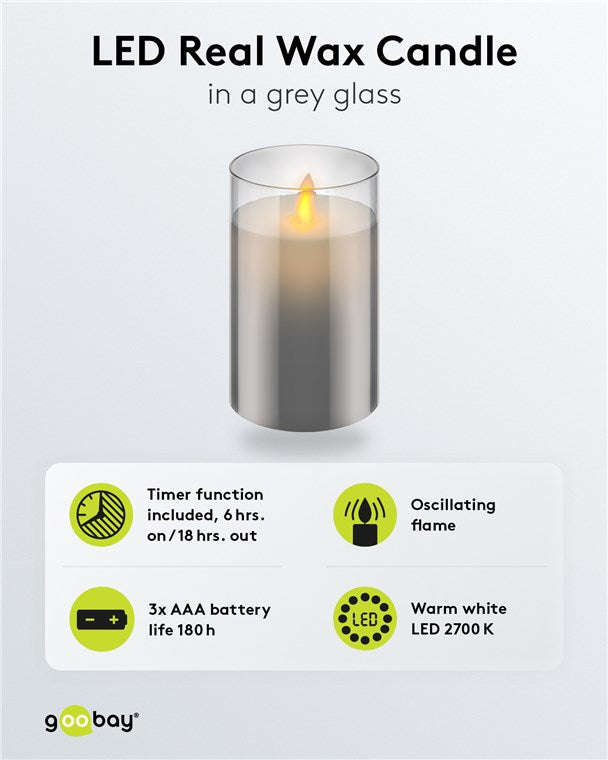LED-Echtwachskerze im Glas, 7,5 x 12,5 cm, grau-transparent