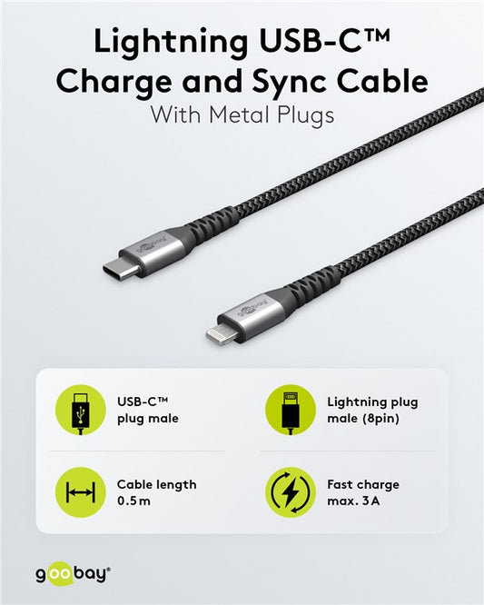 Lightning USB-C™ Textilkabel mit Metallsteckern, 0,5 m