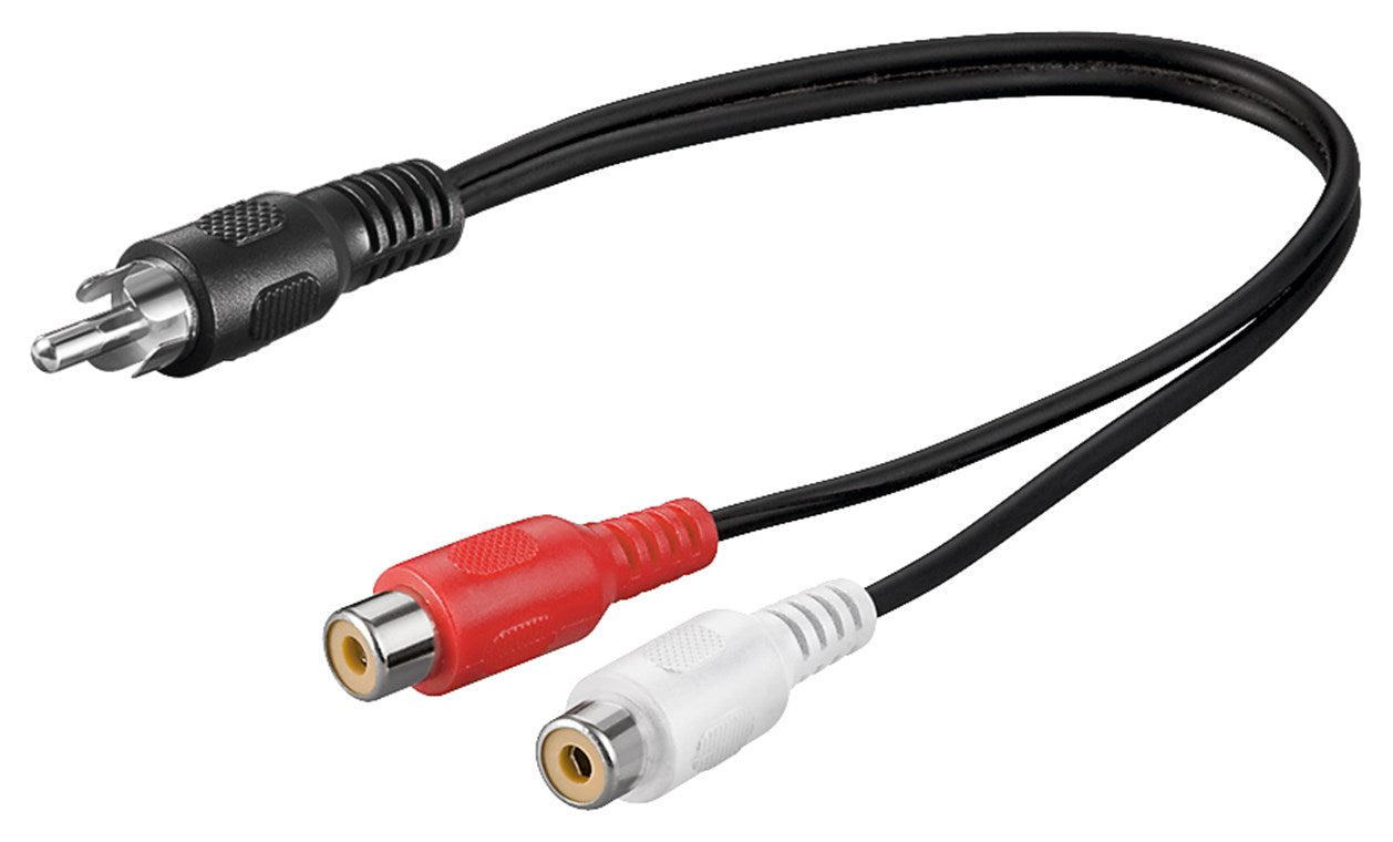 Audio Y cable adapter, 1x stereo RCA plug to 2x RCA socket
