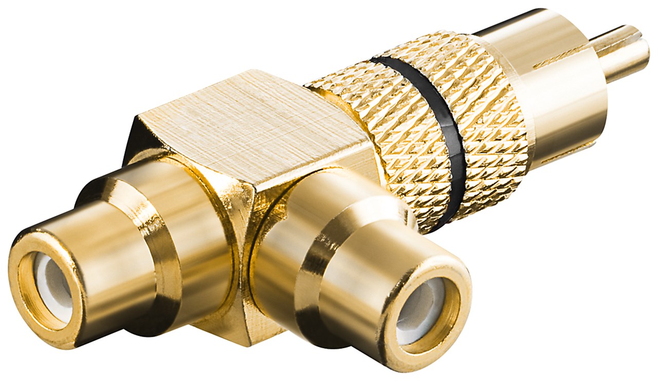 RCA Y adapter, plug to 2x socket, gold version, black