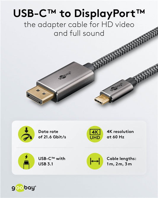 USB-C™-auf-DisplayPort™-Textilkabel 4K @ 60 Hz, 2 m, schwarz;silber