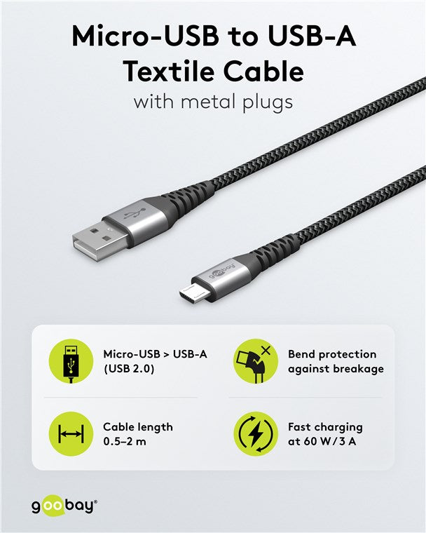 Micro-USB-auf-USB-A-Textilkabel mit Metallsteckern (spacegrau/silber), 1 m