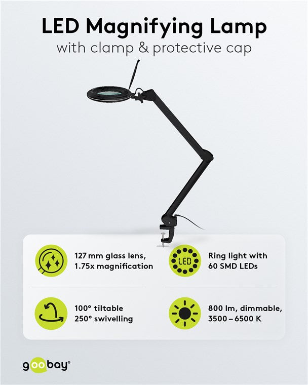 LED clamp magnifying lamp, 10 W, black