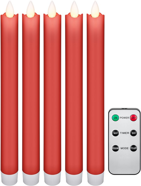 Set of 5 red LED real wax stick candles, including remote control