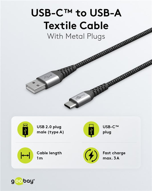 USB-C™ auf USB-A Textilkabel mit Metallsteckern (spacegrau/silber), 1 m
