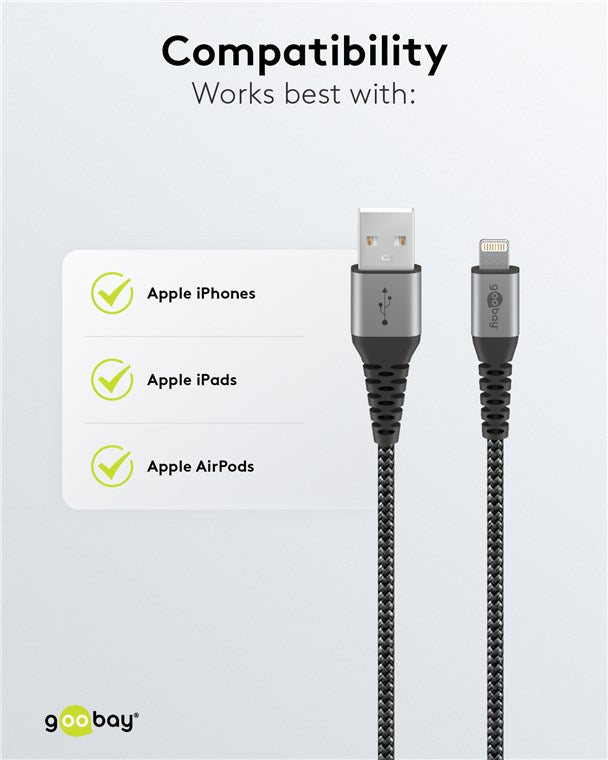 Lightning USB-A textile cable with metal connectors, 0.5 m