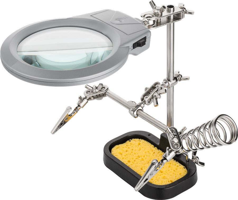 Soldering aid with magnifying glass - third hand