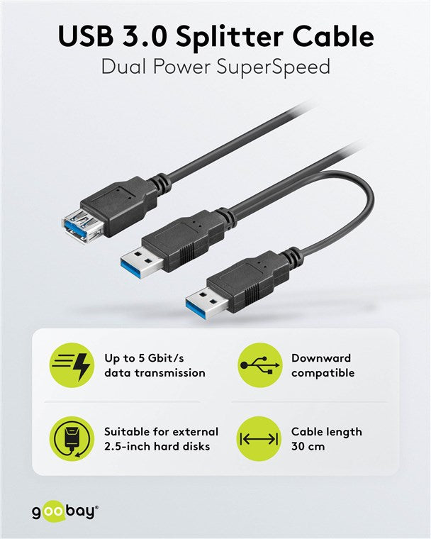 2in1-Kabel USB-A auf 2x USB-A, 0,3 m, schwarz