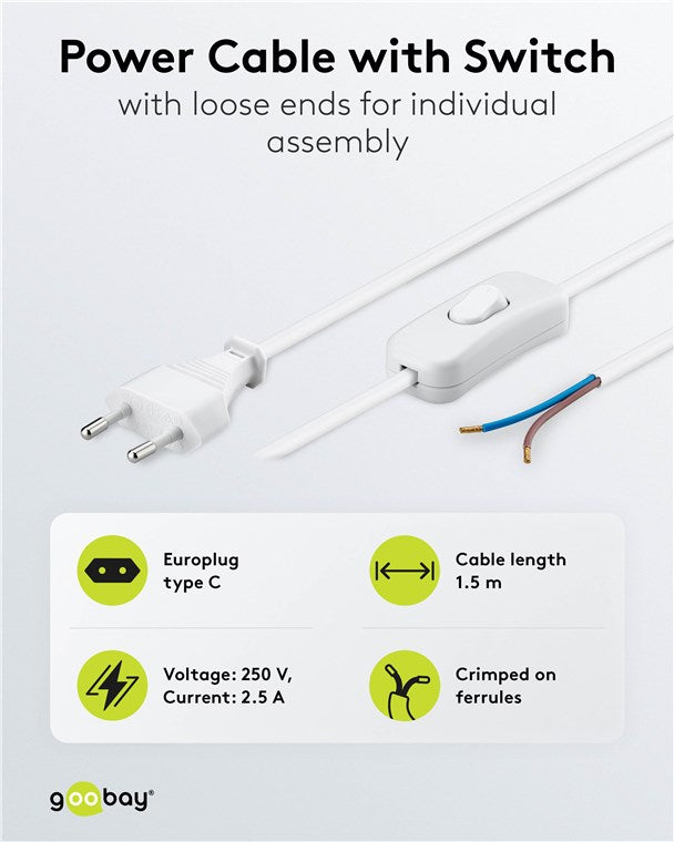Kabel mit Eurostecker zum Konfektionieren - mit Schalter, 1,5 m, Weiß, (2*0,75 mm²)