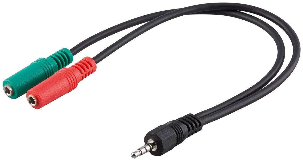 PC headset adapter, 1x 3.5 mm AUX 4-pin. to 2x 3.5 mm AUX 3-pin.