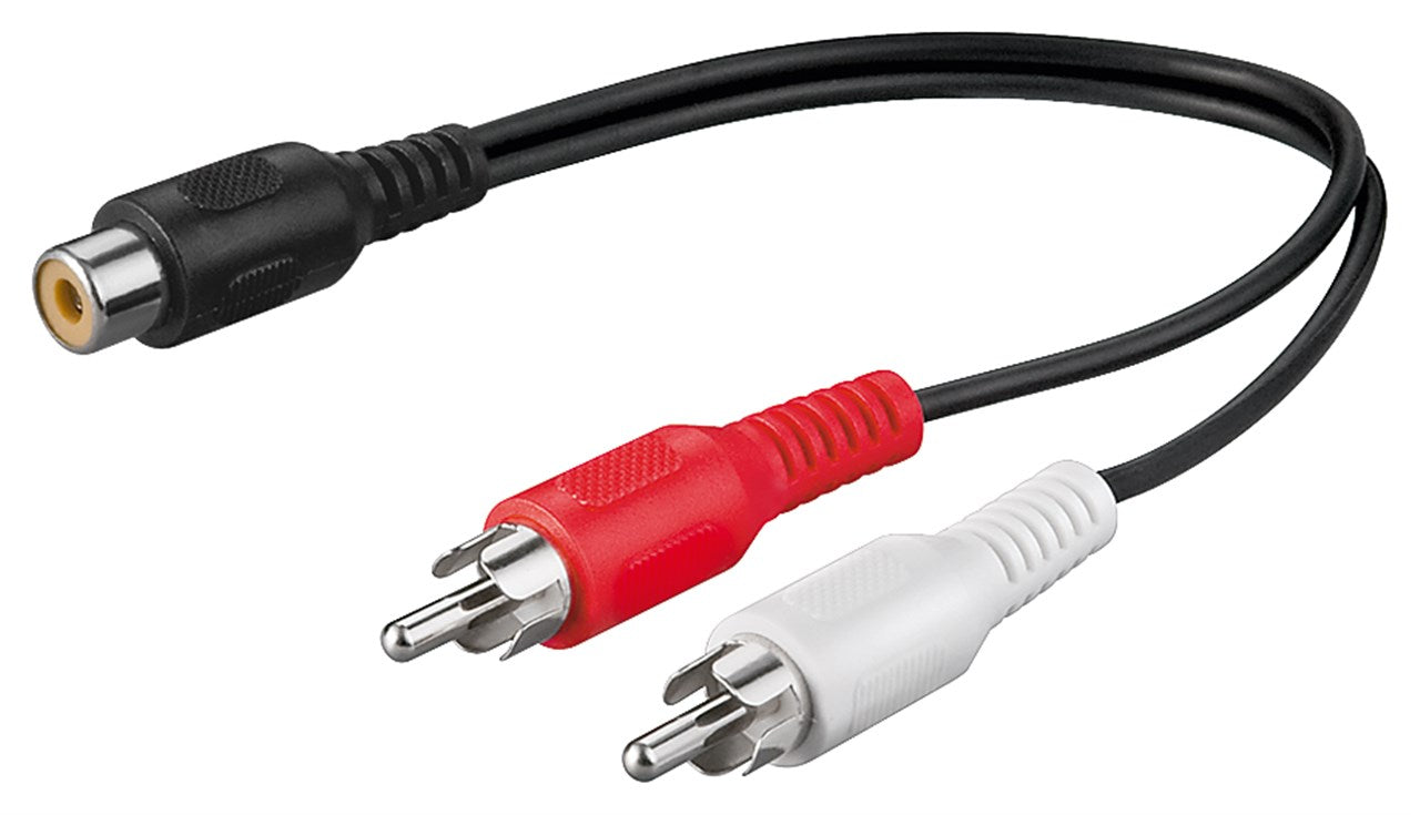 Audio Y cable adapter, 2x RCA plug to 1x stereo RCA socket