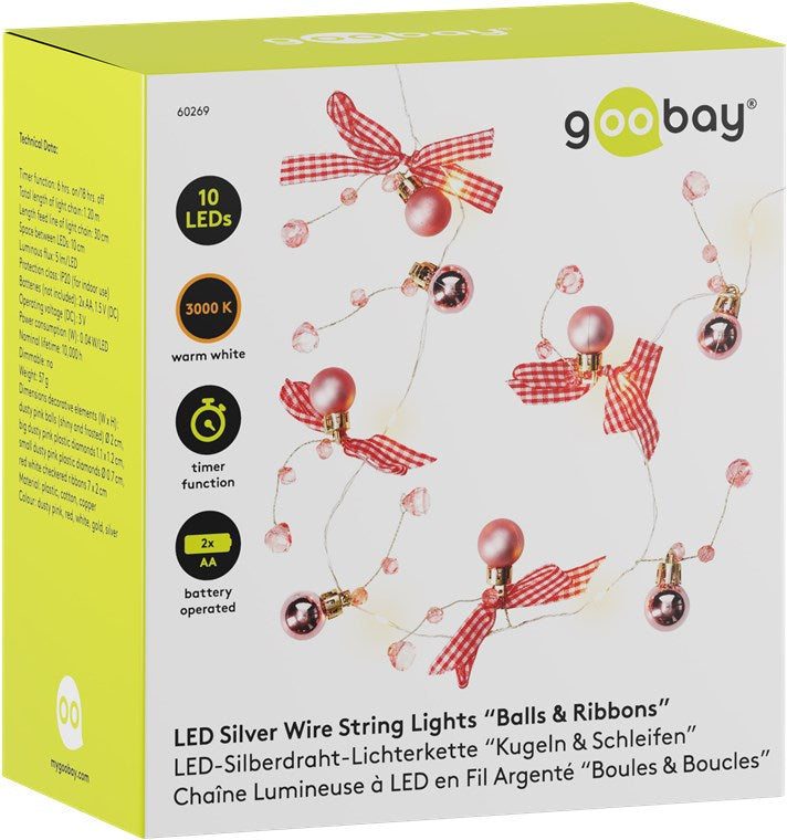 10 LED silver wire fairy lights "Balls & Bows"