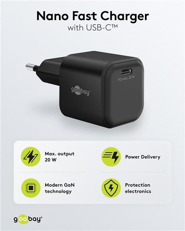USB-C™ PD GaN hızlı şarj cihazı Nano (20 W) siyah