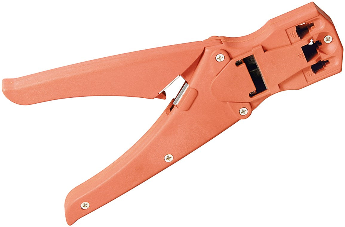 Crimping pliers for modular plugs including cable cutters and strippers