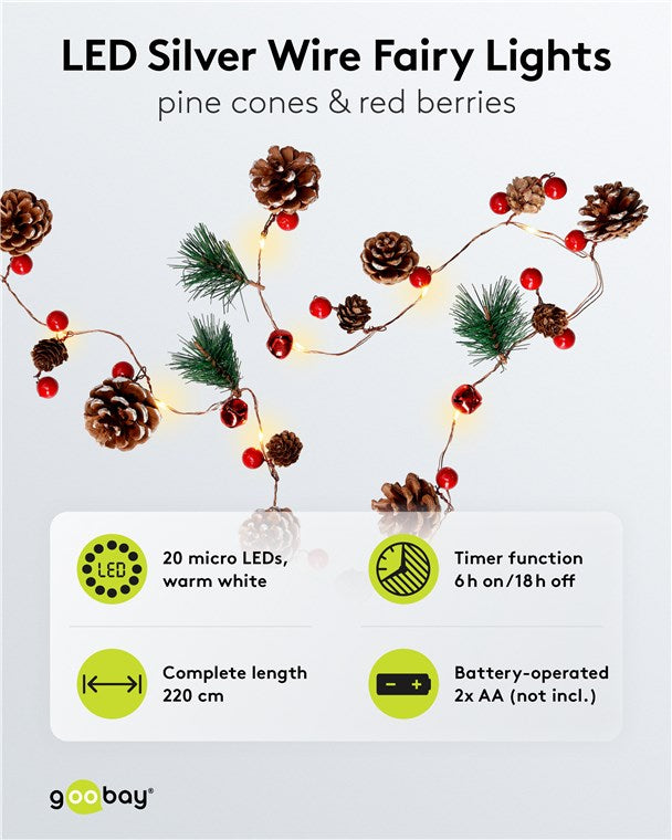 20er LED-Silberdraht-Lichterkette "Tannenzapfen & rote Beeren"