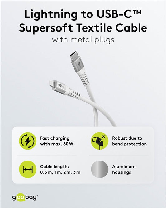 Lightning auf USB-C™ Supersoftes Textilkabel mit Metallsteckern, 2 m