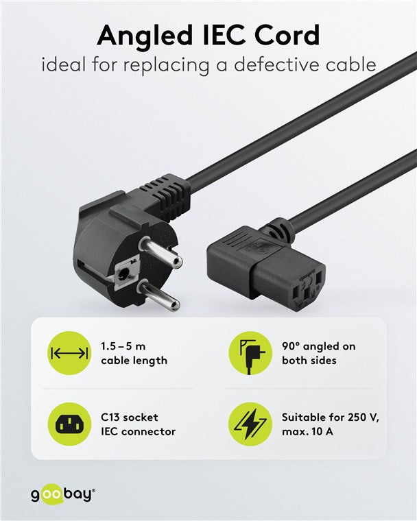 Beidseitig abgewinkeltes Kaltgeräte-Anschlusskabel, 1,5 m, Schwarz, (3*0,75 mm²)