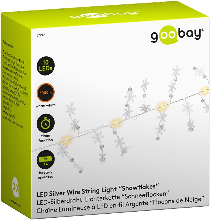 10 LED silver wire fairy lights "Snowflakes"