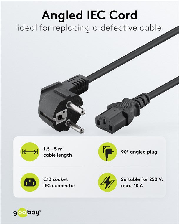 Abgewinkeltes Kaltgeräte-Anschlusskabel, 3 m, Schwarz, (3*1 mm²)