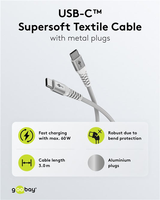 USB-C™ Supersoftes Textilkabel mit Metallsteckern, 3 m, weiß