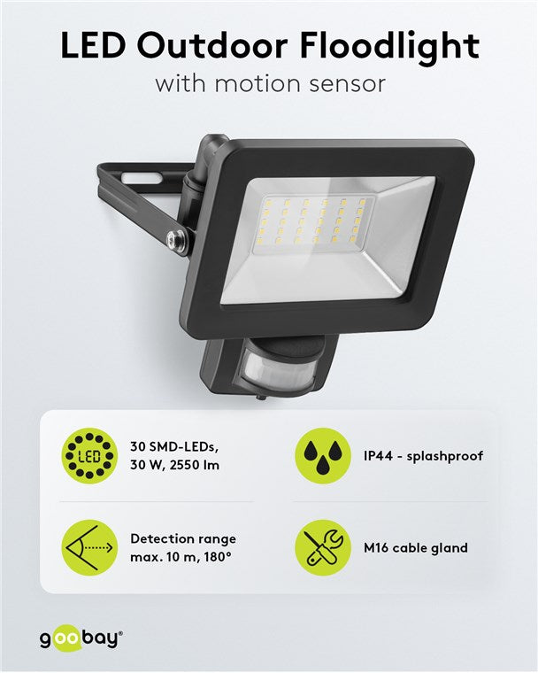 LED-Außenstrahler, 30 W, mit Bewegungsmelder – TechTronic