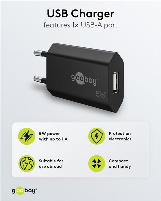 USB-A şarj cihazı (5 W) siyah