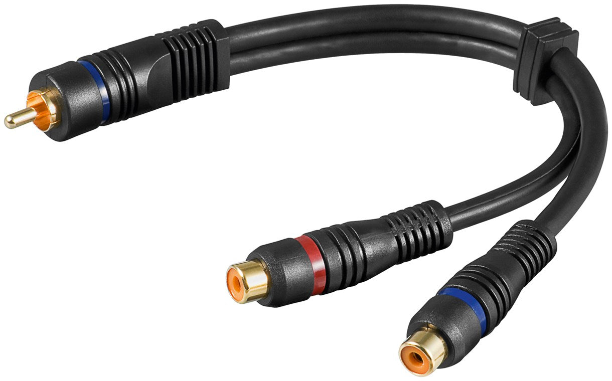 Audio Y cable adapter, 1x stereo RCA plug to 2x RCA socket, OFC, double shielded