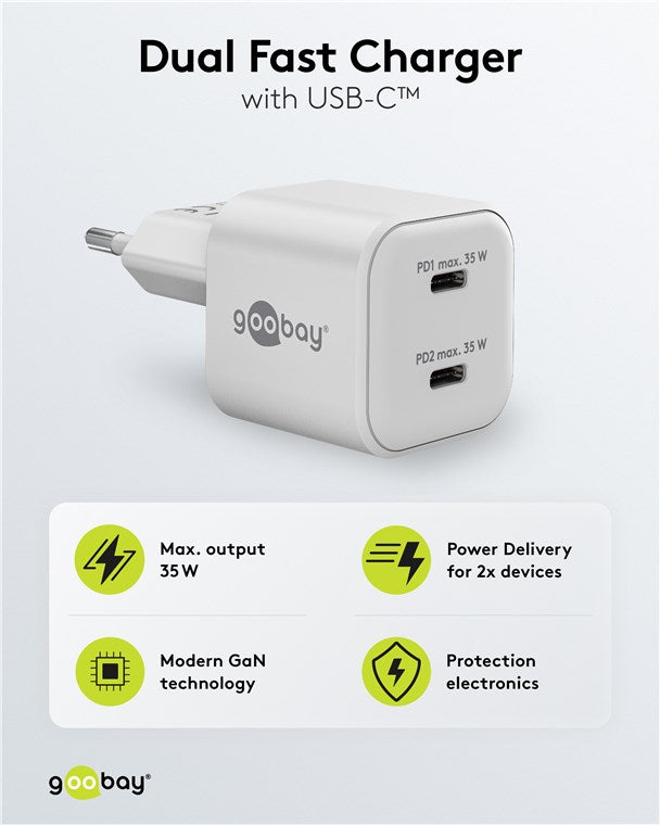 USB-C™ PD GaN Dual-Schnellladegerät Nano (35 W) weiß