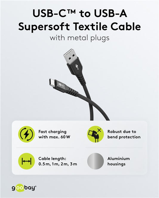 USB-C™ auf USB-A Supersoftes Textilkabel mit Metallsteckern, 1 m, schwarz