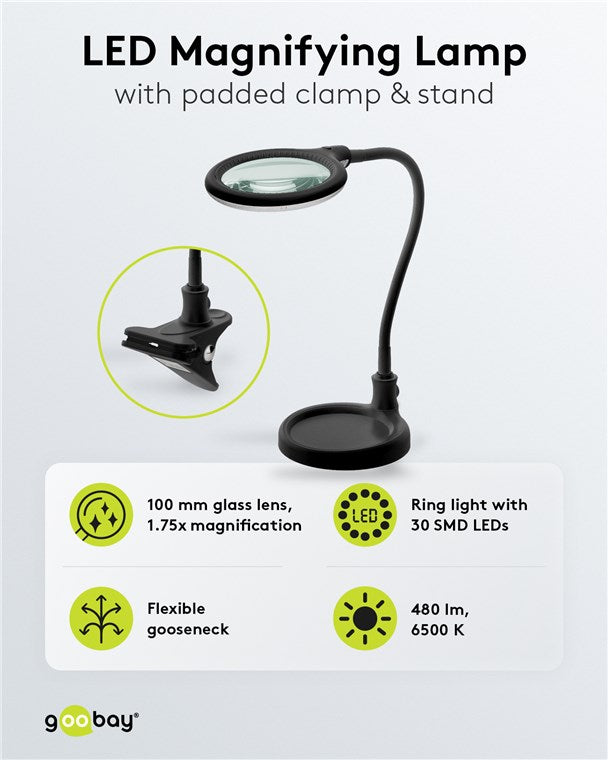 LED stand/kelepçe büyütücü lamba, 6 W, siyah