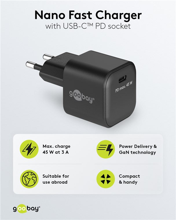USB-C™ PD GaN Schnellladegerät Nano (45 W) schwarz