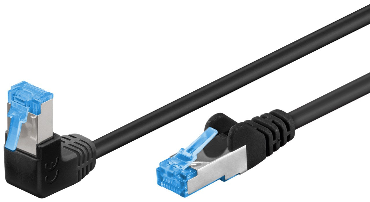 CAT 6A yama kablosu 1x 90° açılı, S/FTP (PiMF), siyah, 0,25 m