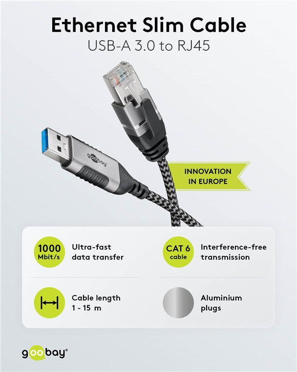 Ethernet-Kabel USB-A 3.0 auf RJ45, Slim, 3 m