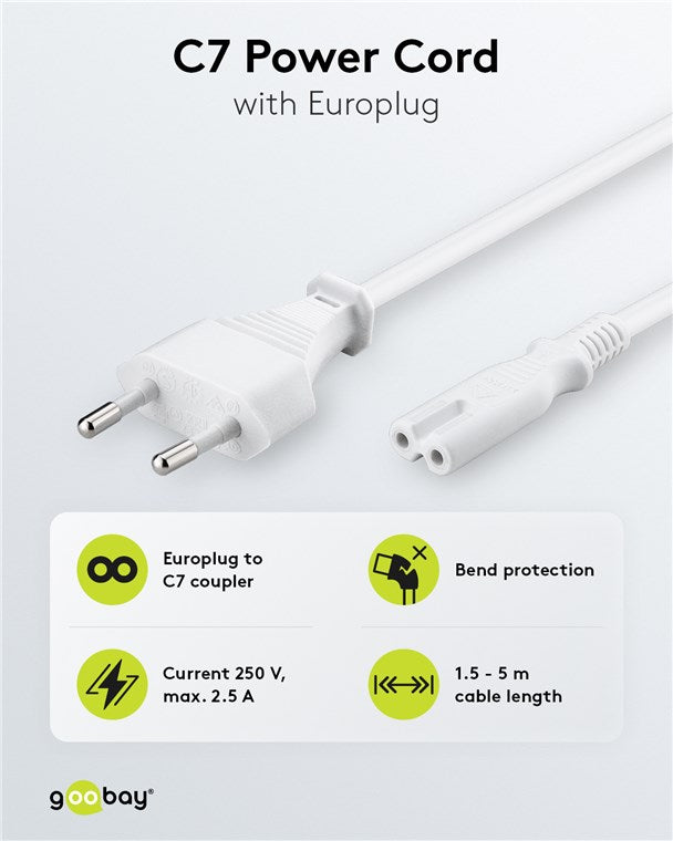 Anschlusskabel mit Eurostecker, 5 m, weiß, (2*0,75 mm²)