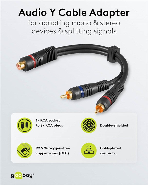 Ses Y kablosu adaptörü, 2x RCA fişinden 1x stereo RCA soketine, OFC, çift ekranlı